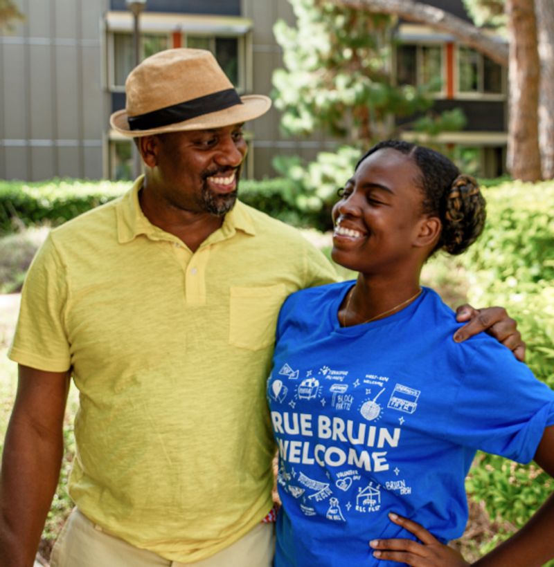 A UCLA student and her father on On-Campus Housing move-in day