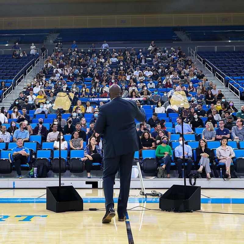 A group of staff members posing at a retreat