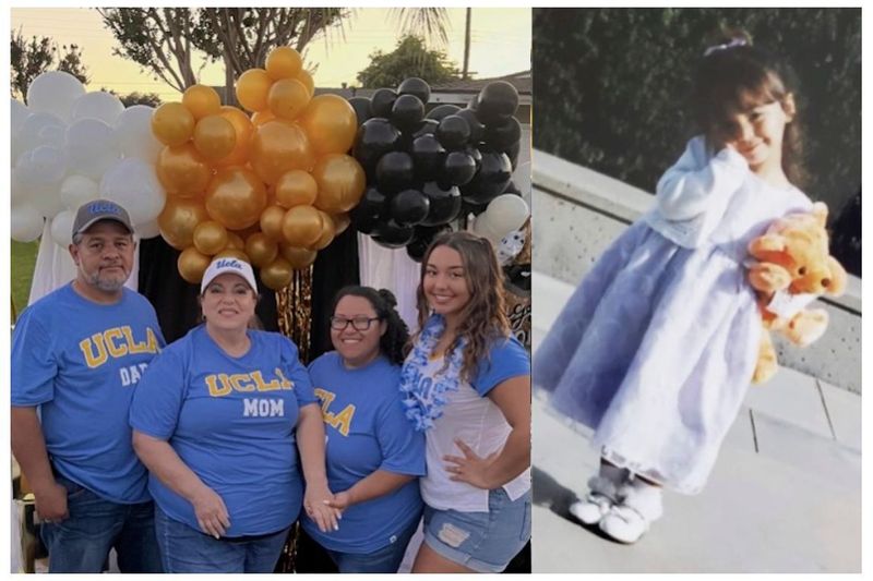 Composite image shows father Martin, mother Grizel, sister Anissa and Allana Martinez, and at right, Allana Martinez on her adoption day, holding orange “court bear”